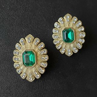 Vintage Art Deco Inspired Emerald Green Rhinestone Flower Clip Earrings 87