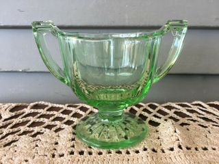 Vintage Green Depression Glass Panel Pedestal Double Handle Sugar Bowl