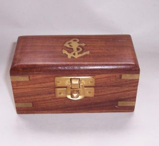 Vintage Wooden Trinket Box Inlaid Brass Anchor & Banding - Maritime / Nautical