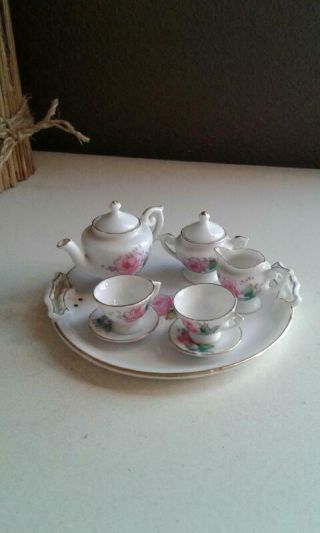 Vintage Miniature Porcelain Tea Set 10 Pc Made In Japan Pink Floral Design