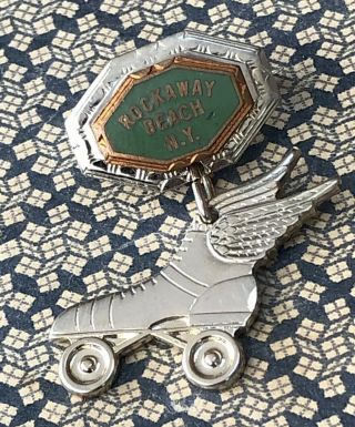 Vintage 1940’s Rockaway Beach Ny Winged Roller Skate Enamel Souvenir Lapel Pin