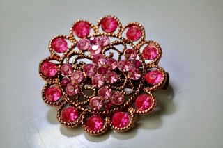Vintage Estate Costume Jewelry Gold Tone Pink Rhinestone Flower Hair Pin