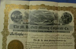 Vintage 1903 M K Gold Mining Stock Certificate 500 Shares Colorado Co