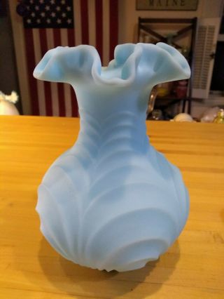 Vintage Fenton Blue Satin Drapery Ruffled Edge Vase Pre Logo