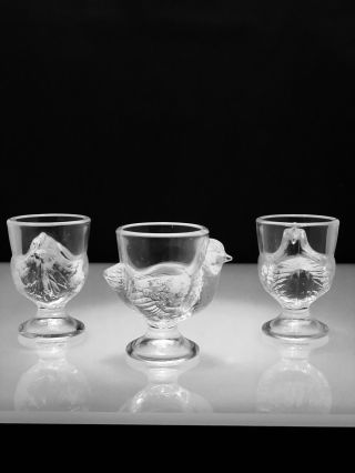 Vintage Chicken/hen Egg Cups Clear Glass Made In France Set Of 3