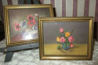 Vintage Small Floral Prints In Wood Frames