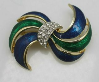 Vintage Gold Tone Blue Green Swoopy Enamel Bow Clear Rhinestone Pin Brooch