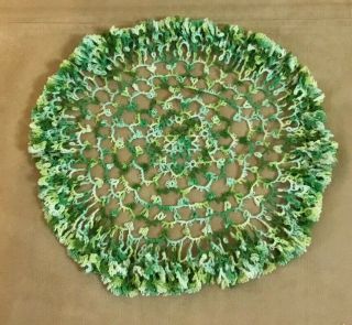 Vintage Hand Crocheted Doily,  Round,  Flower Design,  Variegated Green