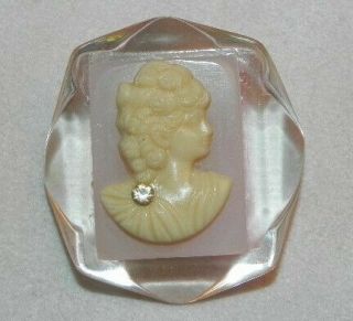Vintage Victorian Lady Cream Cameo Pin Clear Lucite Brooch Rhinestone
