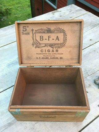 Vintage B F A 5 Cent Wood Cigar Box Bangor Maine Dovetailed Brass Antique