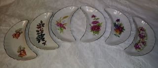 6 Vtg Mid Century Multi Colored Floral Bone Dishes 6 Different Designs Gold Exc
