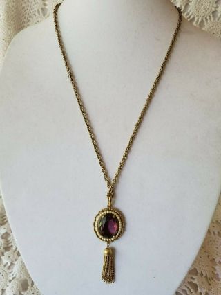 Avon Designer Signed Purple Amethyst Beaded Tassel Pendant Necklace Vintage