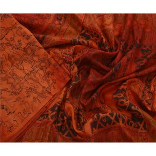 Tcw Antique Vintage Orange Saree 100 Pure Silk Printed Sari Craft Fabric
