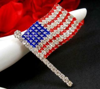 Vintage American Flag Rhinestone Pin Patriotic Red White Blue Silver Plated