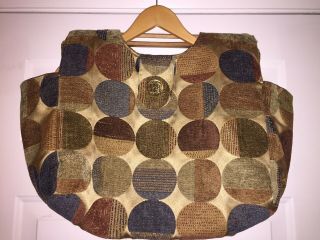 Vintage Wood Handle Knitting Sewing Crochet Tapestry Carpet Bag Tote Brown Gold