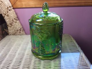 Vintage Iridescent Green Carnival Glass Harvest Emerald /biscuit Lidded Jar