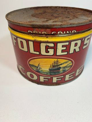 Vintage Tin Folgers Coffee Can 1 lb collectible 1931 Copyright 4