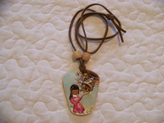 Vintage Ted De Grazia Hand Painted Bell Of Hope Pendant Necklace Leather Strap