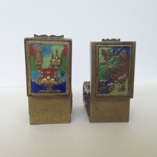 Vintage Antique Asian Chinese Cloisonne Enamel 2 Hinged Brass Stamp Boxes