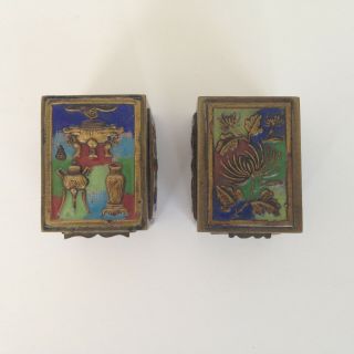 Vintage Antique Asian Chinese Cloisonne Enamel 2 Hinged Brass Stamp Boxes 2