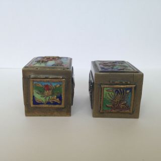 Vintage Antique Asian Chinese Cloisonne Enamel 2 Hinged Brass Stamp Boxes 3