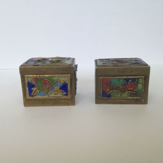 Vintage Antique Asian Chinese Cloisonne Enamel 2 Hinged Brass Stamp Boxes 4
