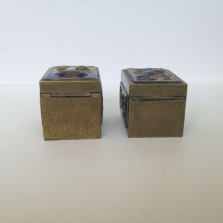 Vintage Antique Asian Chinese Cloisonne Enamel 2 Hinged Brass Stamp Boxes 5