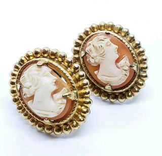 Vintage Signed 12k Gold Filled Hand Carved Cameo Portrait Inlay Screw Earrings