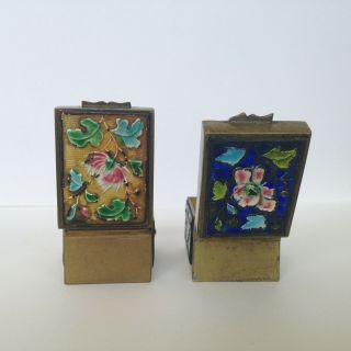 Vintage Antique Asian Chinese Cloisonne Enamel 2 Hinged Brass Stamp Boxes China