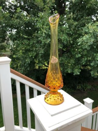 Vintage Fenton Swung Bud Vase Amber Hobnail 9 1/2 " Tall With Sticker