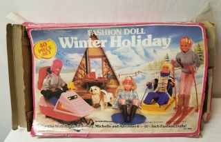 Vtg 1984 Arco Fashion Doll Winter Holiday Play Set For 11 " Dolls Barbie Ken
