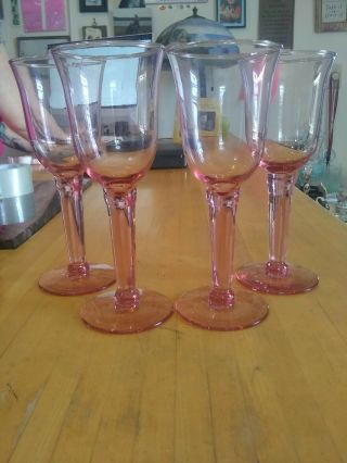 Vintage Pink Depression Glass Wine Water Glass Goblet 7 5/8 " Tall Set Of 4