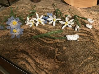 6 Stems Vintage Glass White Blue & Yellow Hand Beaded Flowers