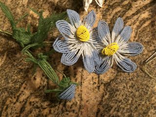 6 STEMS VINTAGE GLASS White Blue & Yellow HAND BEADED FLOWERS 3