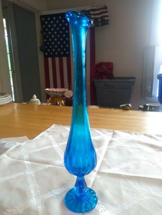Vintage Fenton Art Glass Bud Vase Thumbprint Pattern Colonial Blue 12.  5 " Tall
