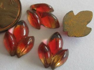 31 Vintage German Glass Smooth Gold - Splashed Red 3 - Part Leaf Stones 15mm X 11mm