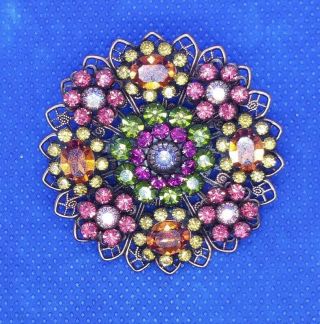 VINTAGE signed LIZ PALACIOS Multi - colored Rhinestone FILIGREE Flower Pin BROOCH 3