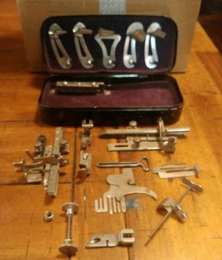 Vintage Metal Box With Sewing Machine Attachments,  Parts,  Tools,  Needle