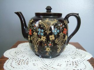 Vtg Hague Black & Gold Teapot Floral Pattern Made In England Blue Orange White