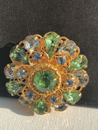Vintage Jewelry Shades Of Blue Green Rhinestone Filligree Goldtone Flower Brooch