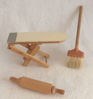 Vintage Ironing Board Rolling Pin Broom Dollhouse Miniatures