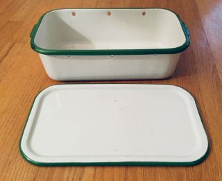 Vintage Porcelain Enamel Baking Roasting Pan With Lid - 15”x 8” X 4” Green White