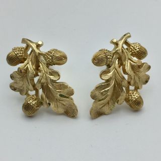 Vintage Crown Trifari Gold Tone Oak Leaf Acorn Clip Earrings