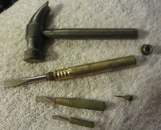 Vintage BRASS & STEEL CLAW HAMMER W 3 NESTING SCREWDRIVERS IN HANDLE,  multi tool 2