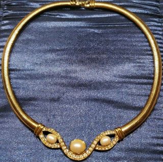 Vintage Signed Monet Gold Tone Rhinestone Faux Pearl Chain Choker Necklace.