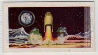 Rocket Ship Making A Vertical Moon Landing Vintage Ad Trade Card