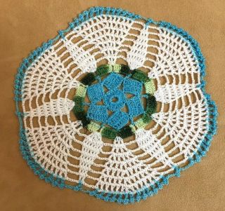 Vintage Hand Crocheted Round Doily,  Flower Design,  White,  Green Aqua