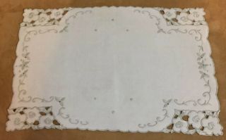 Vintage Rectangle Doily,  Linen,  Beige,  Floral Embroidery With Cut Work