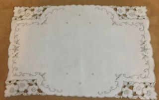 Vintage Rectangle Doily,  Linen,  Beige,  Floral Embroidery With Cut Work 2
