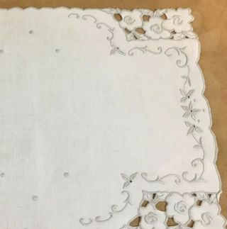 Vintage Rectangle Doily,  Linen,  Beige,  Floral Embroidery With Cut Work 3
